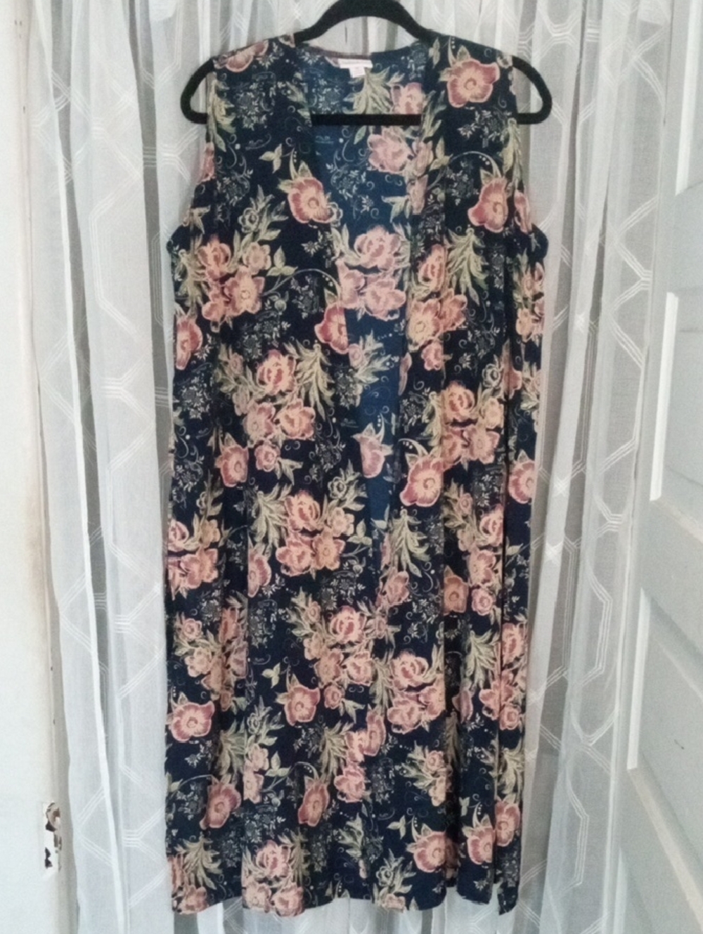 LuLaRoe Sleeveless Navy Floral Duster Kimono Vest with Pink Roses Size M